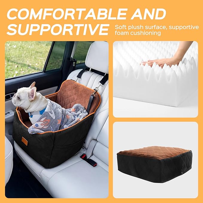 Dog Car Seat for Small Dog with Washable Mat, Memory Foam Booster Seat for Dogs Under 30lb, 6" Elevated Pet Seat with Pockets, Anti-Slip Bed for Car, Perfect for Front & Back Seats with Safety Leash
