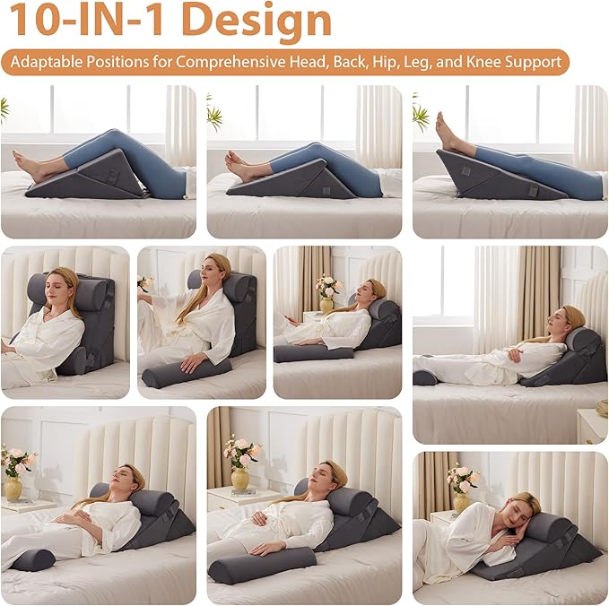 BIEEZZK 4PCS Wedge Pillow Set for After Surgery, Back Pillow for Bed Sitting up, 9&12inch Adjustable Memory Foam Bed Wedges, Pillow Wedge for Acid Reflux, Back Pain Relief, Snoring, Plush Grey