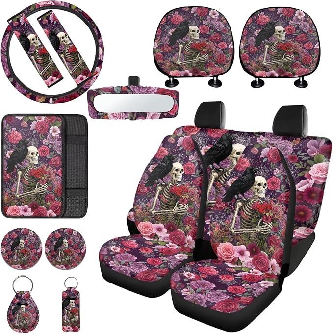 Skeleton Car Seat Covers Full Set Raven Rose Printed Car Interior Accessories Set Included Steering Wheel Cover Seat Belt Pad Armrest Protector Coaster for Auto, Purple