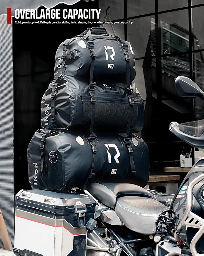 IRON JIA'S Motorcycle Dry Bag - Waterproof Duffle & Luggage Tail Bag Saddle Bags with Roll Top Closure, Shoulder Straps, Inner Pocket and Mesh Pocket (Purple, 50L)