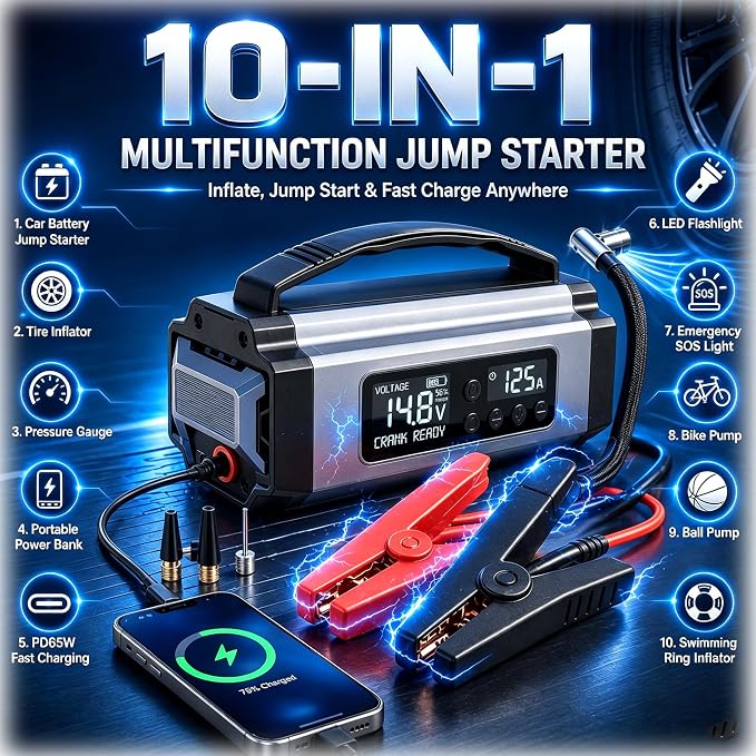 Portable 10-in-1 9000A Car Battery Jump Starter with 200PSI Air Compressor 65W Charger Premium Roadside Emergency Power Station Jump Box & Power Bank for Family Travel, SUV, Truck