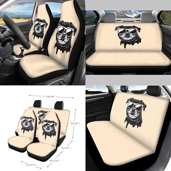 French Bulldog Print Car Front Back Seat Cover Set of 15 Steering Wheel Covers Seatbelt Strap Pad Garbage Cans Air Vent Storage Holder Rear View Mirror Cover Cup Holder Key Chain