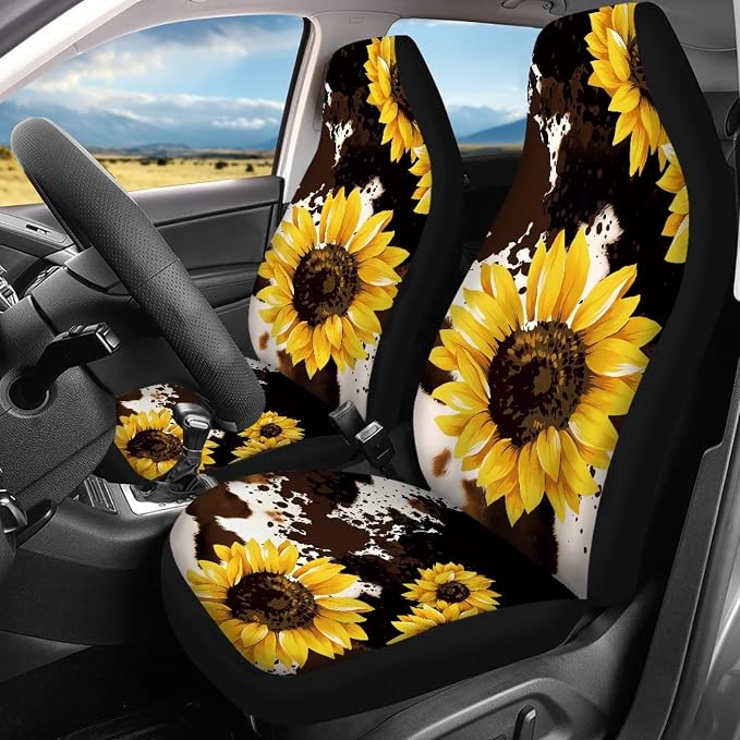 Wanyint Sunflower Cow Print Car Seat Cover Full Set with Front Back Seats Steering Wheel Covers Armrest Pad Handbrake Cover Gear Shift Cover Auto Seat Belt Pads,Cup Holder Coaster