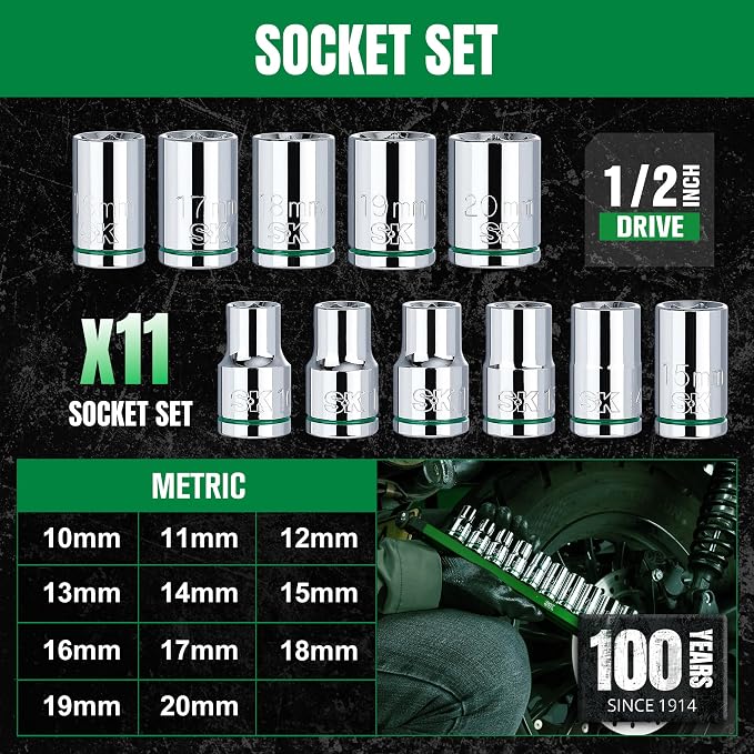 SK 1/2" Drive Socket Set, Metric Sockets, 11-Piece 10-20mm, SuperKrome Finish, Preminum CR-V Construction, with Aluminum Socket Organizer