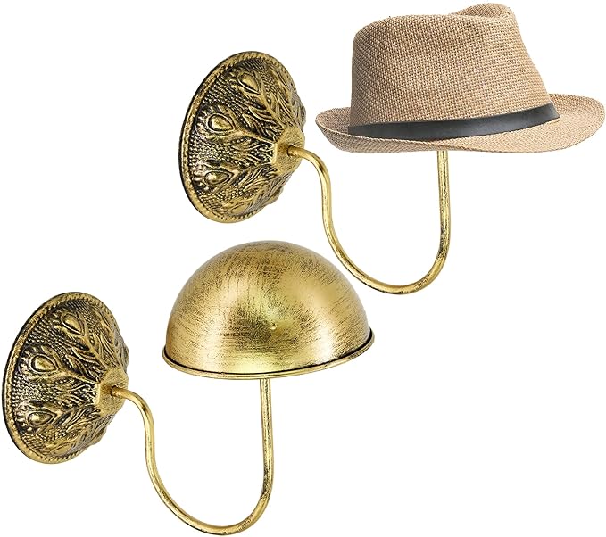 Owlgift Wall Mount Hat Racks Set of 2 - Vintage Gold Iron Hat Holders - Heavy Duty Wall Mounted Display Stand for Baseball Caps, Fedoras & Wigs - Rustic Decorative Closet Storage Organizer