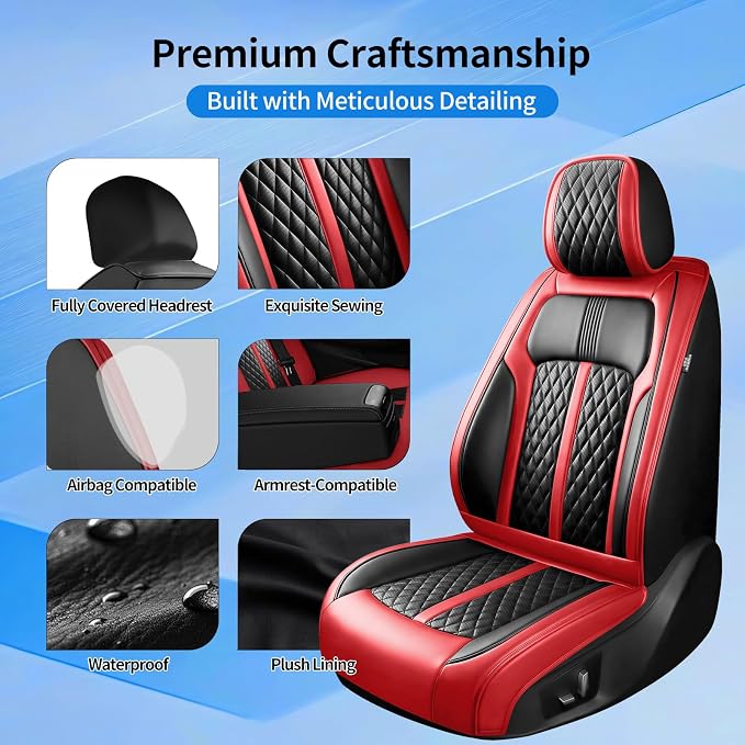 Fit CTS Car Seat Covers (Front Pair) for Select Cadillac CTS 2003-2019, Premium Full Coverage Leather, Airbag Compatible, Waterproof & All Weather Breathable Seat Cushion Protector, Black+Red