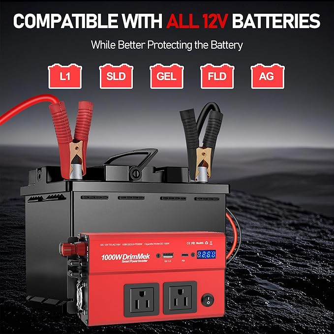 DrimMek 1000 Watt Power Inverters 12v to 110v for Vehicles - with Dual AC Outlets, 1000w Inverter with 3.0A USB and Type-C, 12v Inverter car Cigarette Lighter Battery for/Truck/RV/Emergency