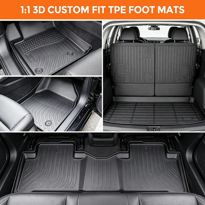 Floor Mats for Honda Pilot 2009-2015, Heavy Duty TPE All Weather Protection, Waterproof Non-Slip Black Car Liners (Three-Row Floor Mats & Cargo Liner & Seatback Mat)