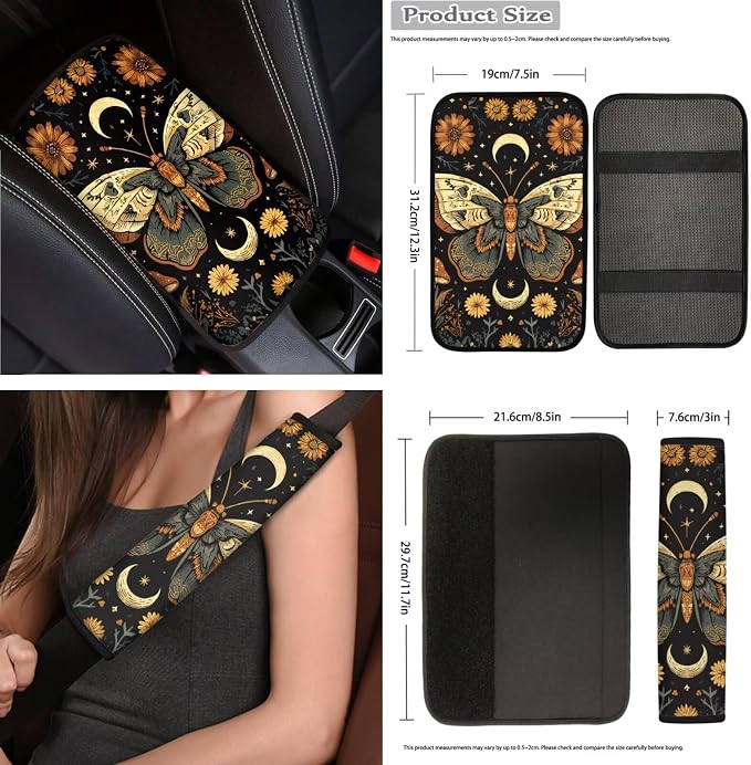 Moon Butterfly Car Seat Covers Full Set 15 Pcs Universal Car Accessories Steering Wheel Cover Seat Belt Pads Garbage Bag Car Headrest Pillow Covers Armrest Pad