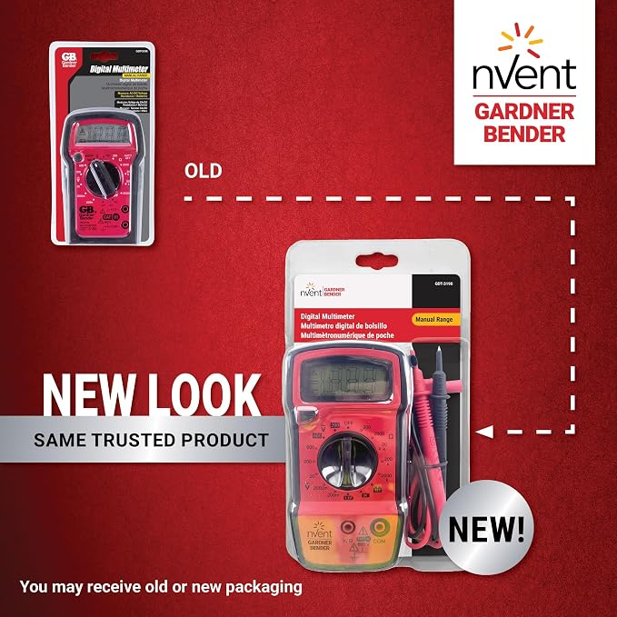 Gardner Bender GDT-3190 Digital Multimeter, 4 Function, 14 Range, Tests AC/DC Voltage, Resistance, and Battery, Manual Ranging, Auto-Off, 1/Each, Red With Black Rubber Boot