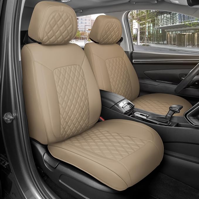 MotorBox Haven Series Napa Leather Seat Covers for Cars, Lux Edition Diamond Stitched Front Seat Covers, Premium PU Leatherette Beige Car Seat Covers for Cars Trucks SUVs