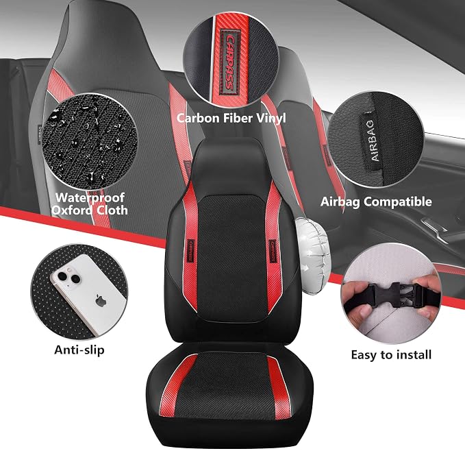 CAR PASS Sporty High Back 3D Oxford Waterproof Car Seat Cover Two Front, Universal Carbon Fiber Leather Bucket Seat Cover All Weather, Airbag Compatible Fit Sports Car SUV Sedan Truck Black Red