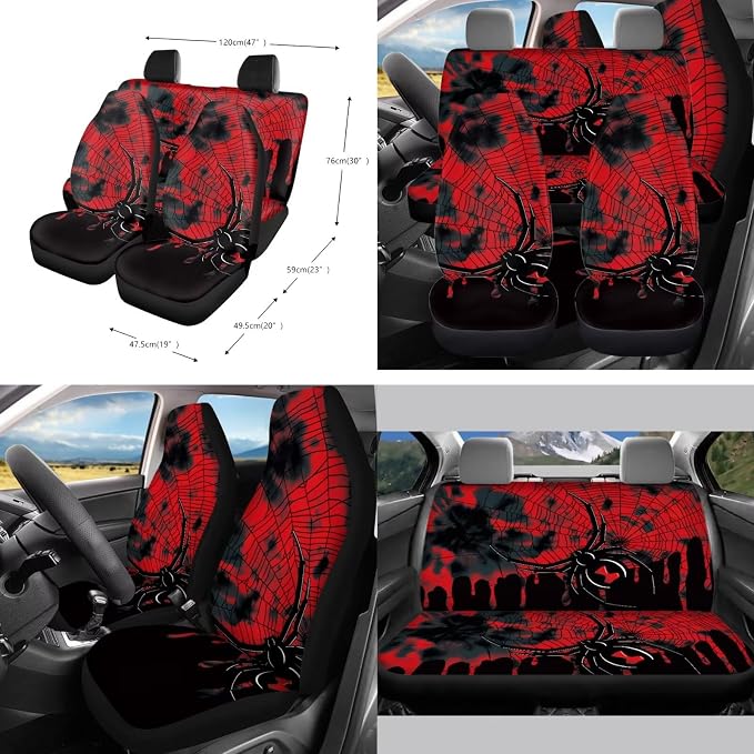 Spider Web Print 10 Pcs Car Accessories Sets Scratch-Resistant 4 Front Rear Seat Covers, 1 Steering Wheel Cover, 1 Vehicle Garbage Can, 1 Air Vent Pouch, 2 Coasters, 1 Keychain