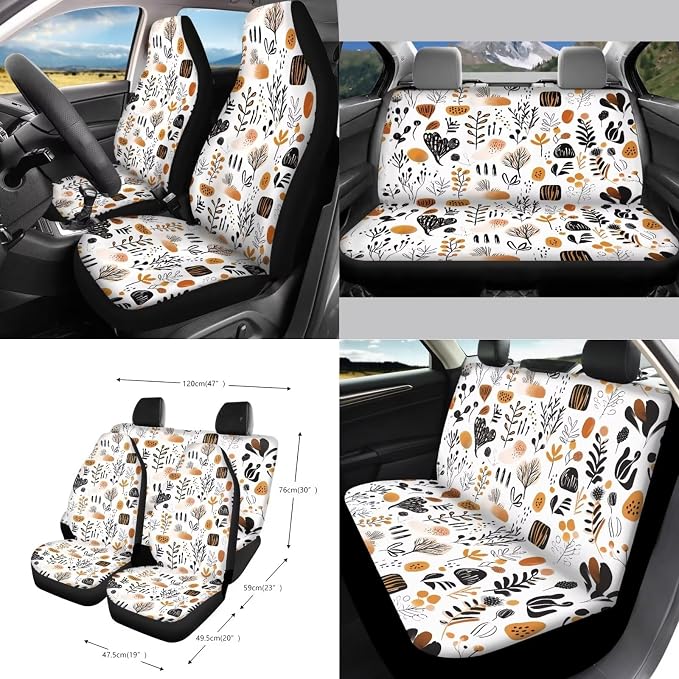 Boho Abstract Geometric Art Print 15Pcs Car Seat Cover Full Set Car Steering Wheel Cover Seat Belt Cover Trash Bin Air Vent Storage Box Front Rear View Mirror Car Cup Holder Keychain