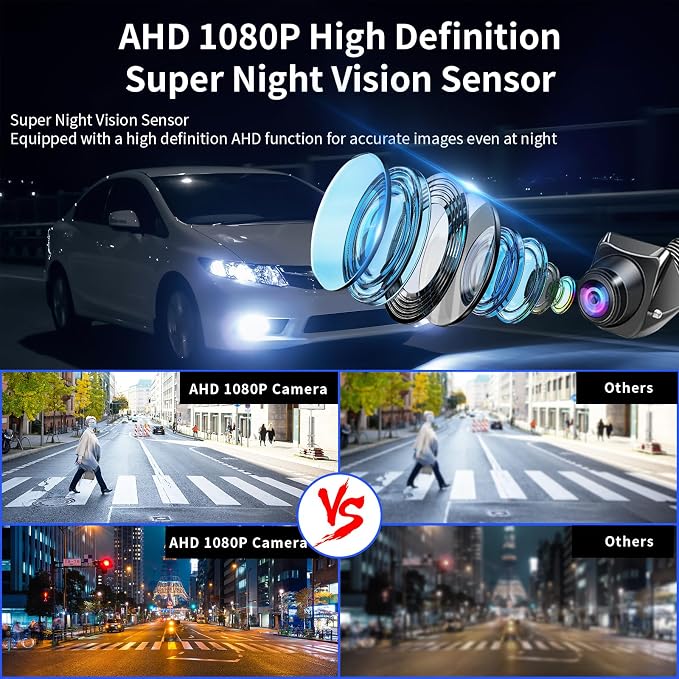 Car Backup Camera Monitor System Rear View Reverse Camera Waterproof Night Vision DIY Guide Lines LCD 1080P Display for Cars Truck Off-Road SUV Van Jeep UTV
