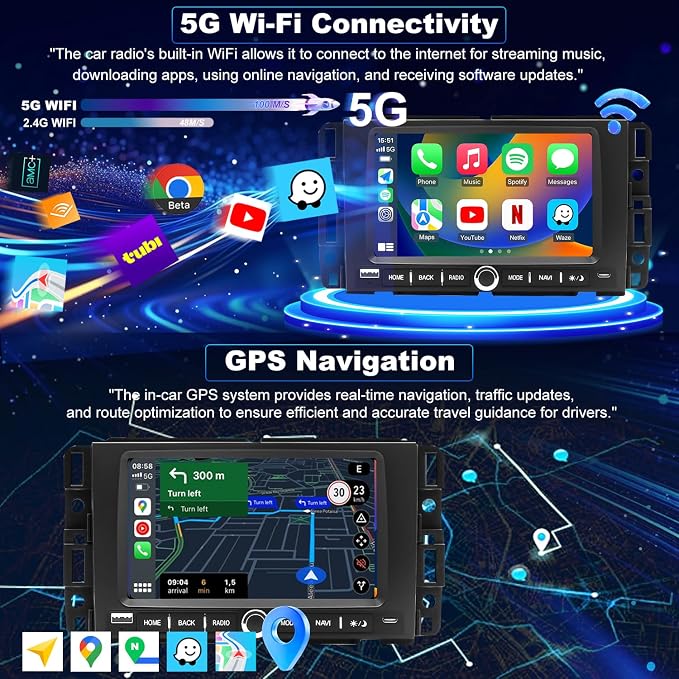 5GWifi Upgrade Radio for Chevy Silverado 1500/2500/3500 2007-2013, Express Van 1500/2500/3500 2013-2025, GMC Yukon Acadia 2007-2012, 7" Touch Screen Stereo Wireless Carplay Android Auto GPS FM Camera