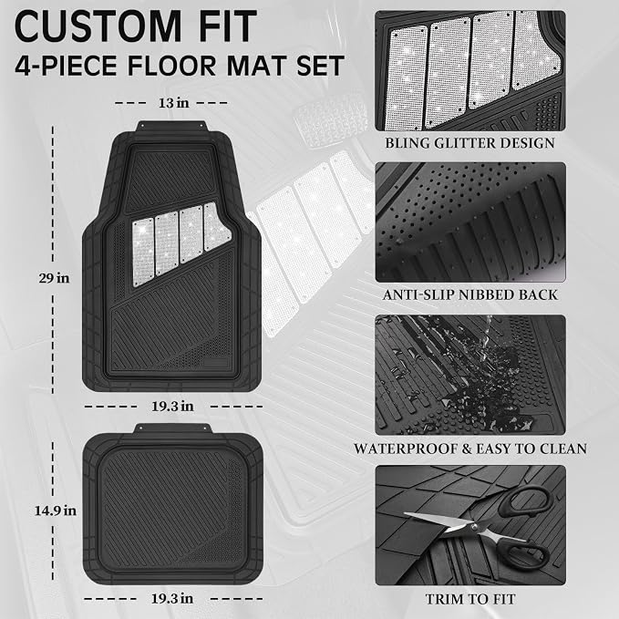 CAR PASS Heavy Duty Rubber Floor Mats 4-Piece Bling Car Mats Full Set - Universal Waterproof Floor Mats for SUV Truck, Durable All Weather Car Mats, Automotive Mats for Women Glitter Silver