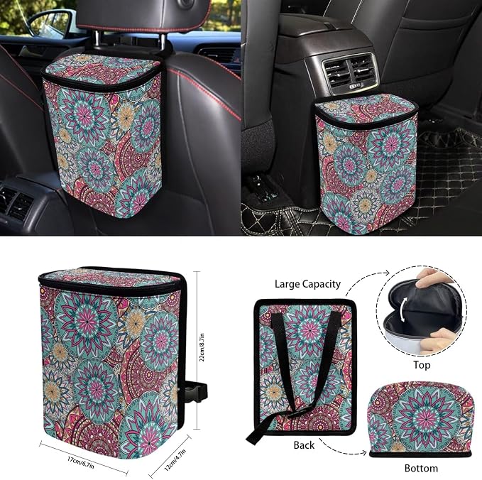 Boho Mandala Floral Car Accessories Car Seats Cover Protector, Steering Wheel Covers, Seatbelt Cover, Car Trash Can, Cup Coasters, Rearview Mirror Cover, Keychains, Pack of 15