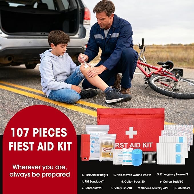 Roadside Car Emergency Kit, Winter Car Safety Kit with 10FT Jumper Cables, Tow Strap, Tool Kit, Reflective Warning Triangle, Road Trip Essentials, for New Drivers, Teens