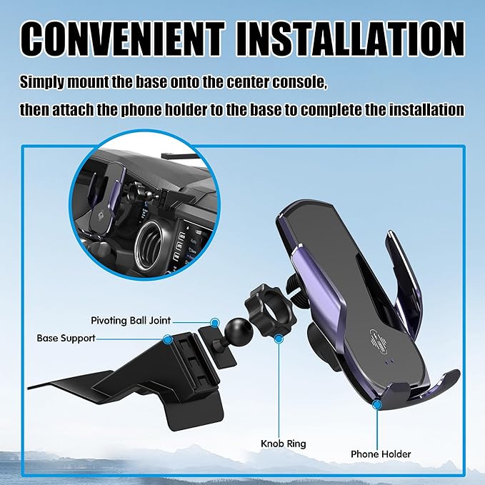 Car Phone Mount for Toyota Tacoma 2016–2023, Smart Auto-Clamping on Custom Dashboard Base, 15W Wireless Fast Charging, 360° Adjustable, Without Blocking Airflow, Toyota Tacoma Essential Accessories