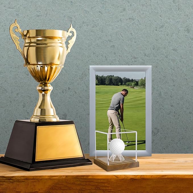 Clear Acrylic Golf Ball Display Case with Wood Base & Acrylic Holder, Memorabilia Stand Cube Holder, Dust Protection Transparent Storage Box for Single Ball Souvenir Golfball Collections
