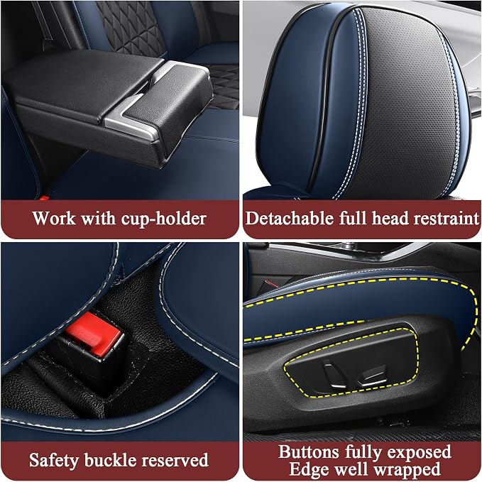 Aierxuan Luxury Seat Covers for Cars Full Set Waterproof Leather Universal Fit Hyundai Kia Buick Cascada Envision Encore Lucerne Regal VW Jetta Passat Taos Infiniti G35, Black-Blue