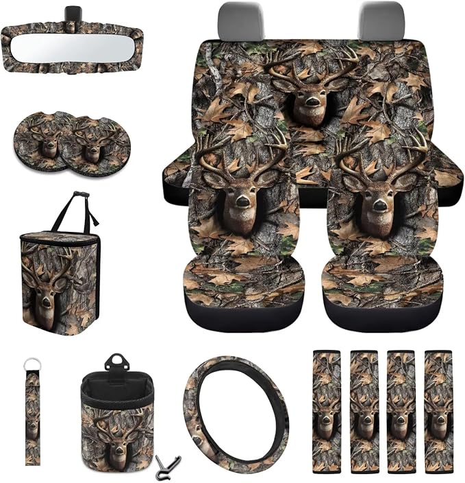 Deer Leaf Camo Pattern Car Accessories Set of 15 Bucket Seat and Rear Bench Cover Steering Wheel Cushion Seatbelt Pad Trash Bin Rearview Mirror Cover Keychain Air Outlet Bag Cup Holders