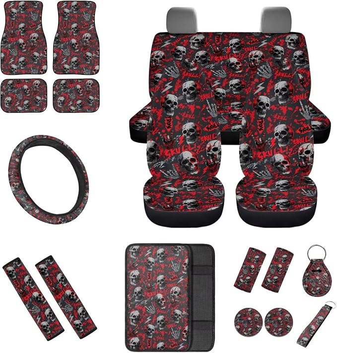 Halloween Skull Prints Car Seat Covers Full Set with Steering Wheel Cover Floor Mats Armrest Cover Seat Belt Pads Roof Handle Wraps Cup Coaster Keychains 18 Pcs Auto Interior Accessories