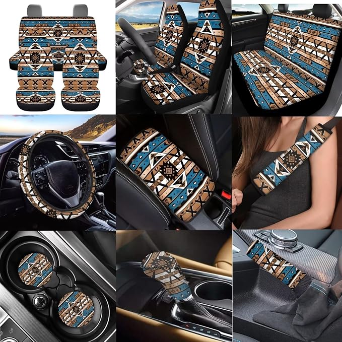 Dreaweet Aztec Seat Covers for Cars Full Set Southwestern Indian Tribal Geometric Car Steering Wheel Cover/Center Console Cover/Seatbelt Covers/Car Coasters/Gear Shift Cover/Handbrake Cover,Universal