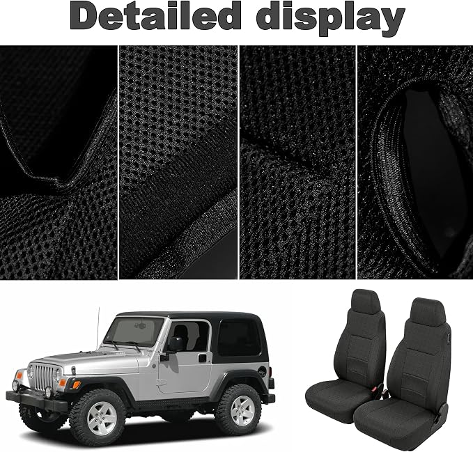 Custom Seat Covers for Jeep Wrangler TJ 2003-2006 & for Jeep Wrangler Unlimited 2004-2006 Heavy Duty Cloth Protector Interior Accessories，Waterproof & Machine Washable - Black（Front）