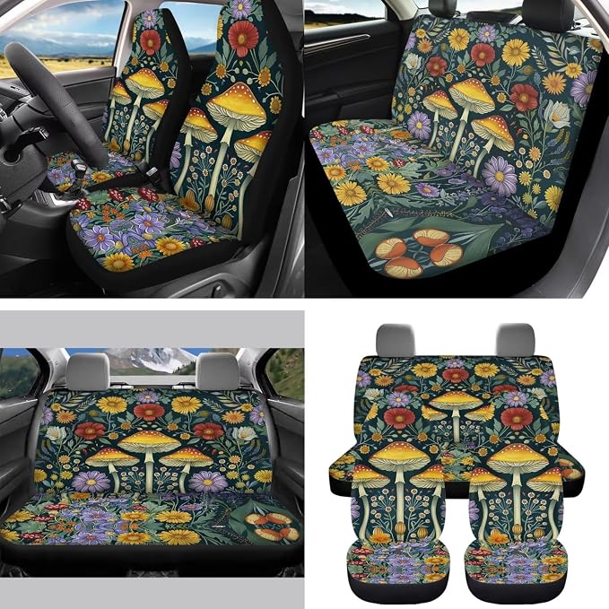 15 Pcs Forest Mushroom Auto Interior Accessories Car Seat Covers with Auto Steering Wheel Cover Seat Belt Covers Car Trash Can View Mirror Cover Coaster Keychains