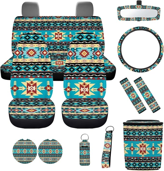 12 Pack Car Seat Covers Full Set Southwestern Aztec Tribal Steering Wheel Cover Seat Belt Pads Car Trash Can Coasters Rear View Mirror Cover Keychain Holder Keychains Accessories
