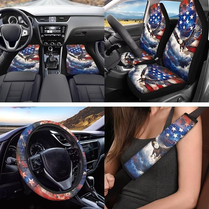 18pcs Car Accessories Set Car Seat Covers Steering Wheel Cover Auto Floor Mats Armrest Pad Covers Seat Belt Pads Roof Handle Wraps Cup Coaster Keychain (Eagle American Flag Design)