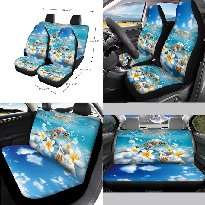 Sea Turtle Print Car Seat Covers Full Set Plumeria Starfish Print Front and Rear Car Seat Covers with Steering Wheel Cover Center Console Pad Safety Belt Pads Rearview Mirror Cover