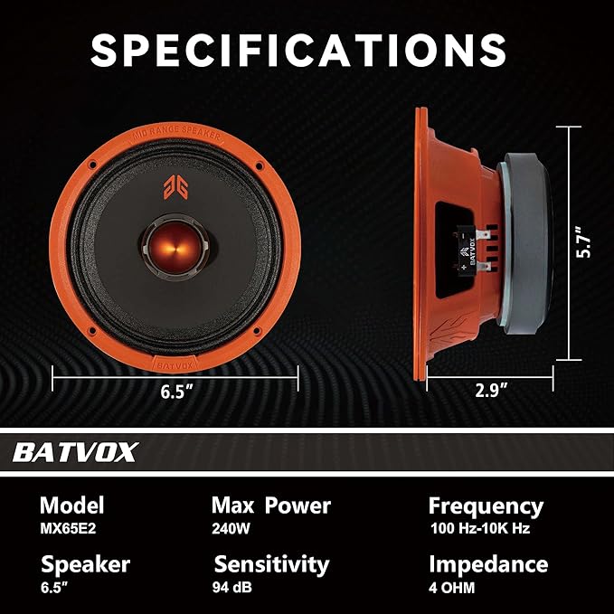 MX65E2 Midrange Loudspeaker 6.5" Orange Bullet, 480W Max, 4 Ohms, Premium Quality Audio Door Speakers for Car or Truck Stereo Sound System, Orange (2 Speaker)