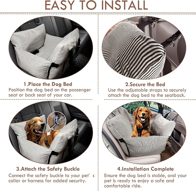 Dog Car Seats for Small/Medium Dogs Under 40 lbs - Elevated Pet Seat with Safety Belt, Non-Slip Base, and Storage Pockets for Car Travel,Brown