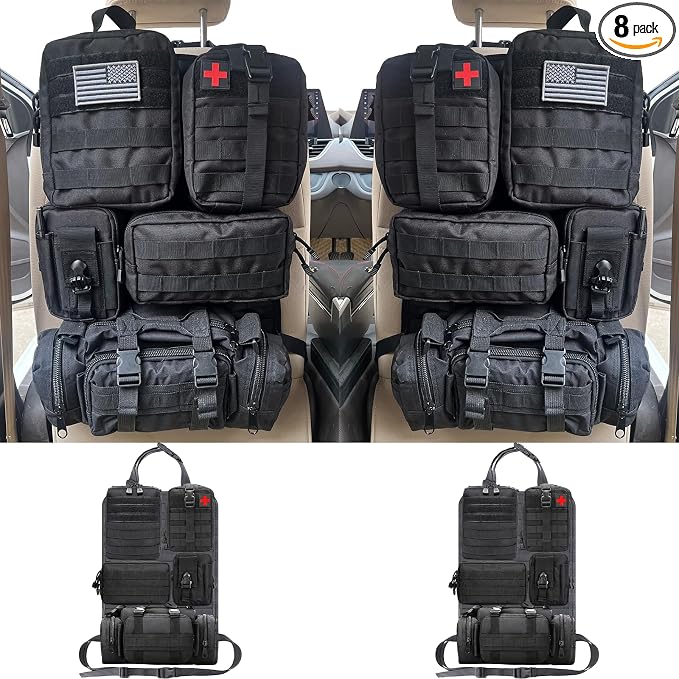 7 PACK Tactical Seat back organizer Truck organizer With 6 Detachable Pouches Universal For Car Truck Ford Jeep Military-Grade Heavier Panels With Multi-functional Packs (2 Set Black)