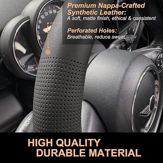 PINCTROT Nappa Leather Steering Wheel Cover, Slim Fit No Bulk Design, One Piece Leather with Breathable Perforation, Fit Like Gloves, Universal 14.5-15 Inch(Nappa Black)