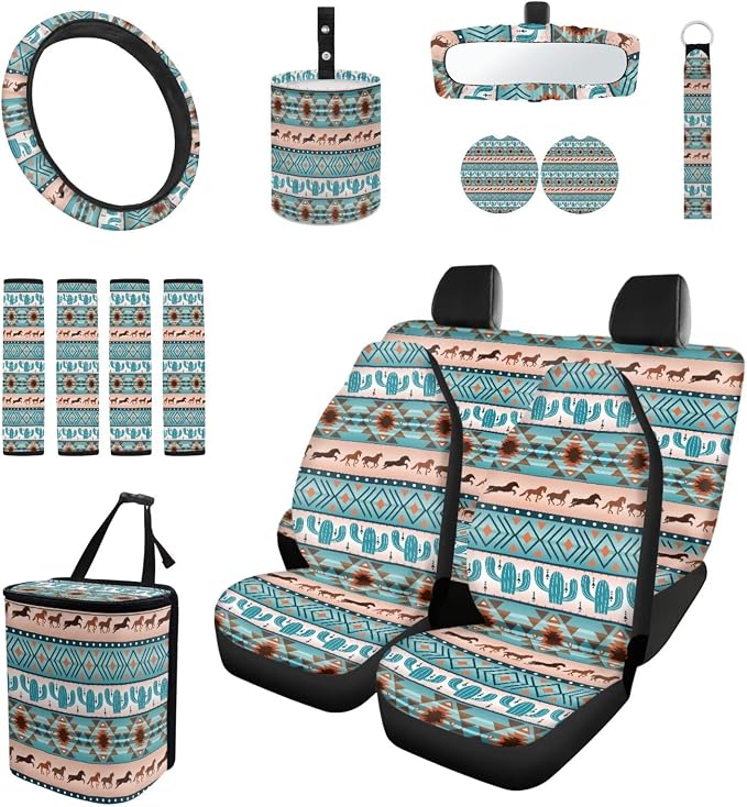National Style Car Seat Covers Full Set Front Back Split Bench Protector Car Steering Wheel Cover Seatbelts Pads Coaster Keychains Universal Fit Truck, SUV, or Van Forest Hunting