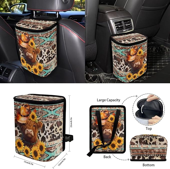 Highland Cow Car Seat Covers Set of 15 with Universal Steering Wheel Cover, Sunflower Rearview Mirror Cover, Aztec Car Trash Can, Seatbelt Pads, Cup Holder Coasters, Keychains