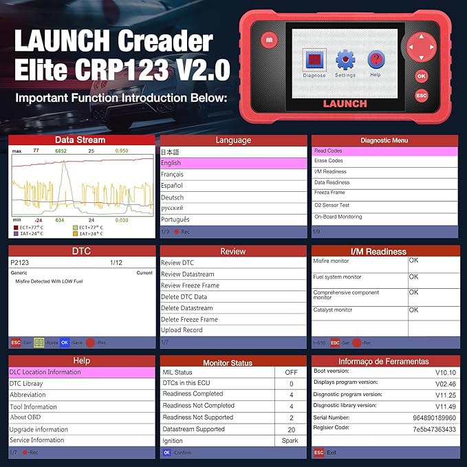 Launch Crp123 V2.0 Obd2 Scanner, 2026 Engine/Abs/SRS/Transmission Car Diagnostic Tool with Oil Reset/Throttle Adaption/SAS Relearn, Check Engine Code Reader, Lifetime Update Scan Tool