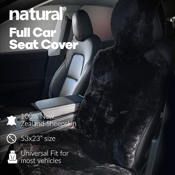 Natural Sheepskin Car Seat Covers for Women and Men | 100% Genuine Sheepskin Fur Seat Covers for Cars, Jeeps, SUVs with Elastic Straps and Non-Slip Suede Backing, 56 x 23”, 1 Pc (Black)