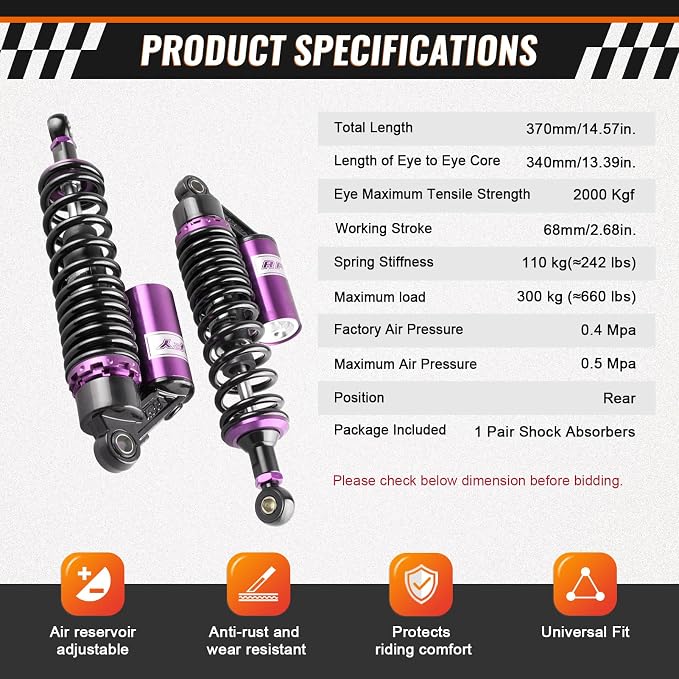 13.4" 340mm Motorcycle Rear Air Shocks Absorber Suspension for HONDA for Suzuki for Kawasaki for Yamaha ATV Go Kart Quad Dirt Sport Bikes,1 Pair, Purple