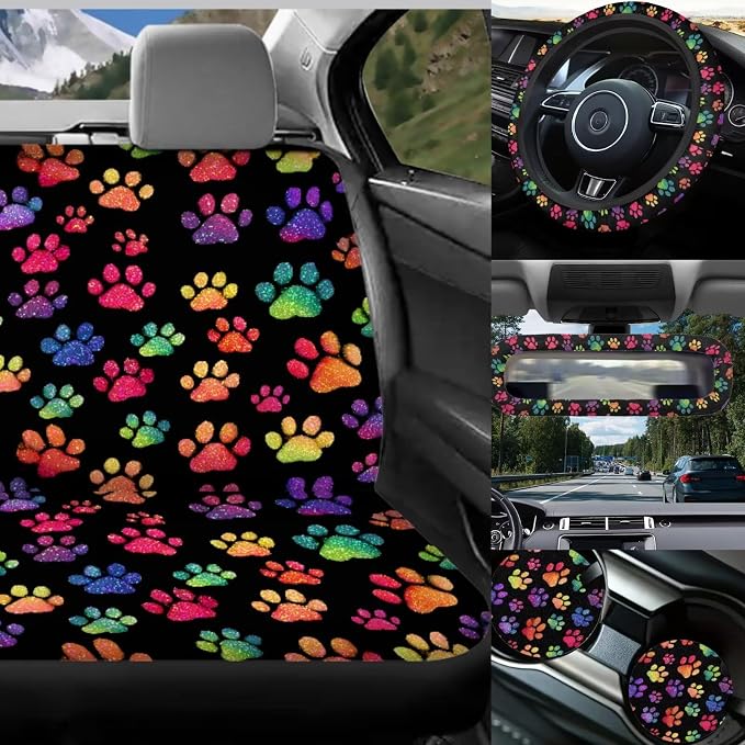 Colorful Dog Paw Print Car Seat Covers Full Sets with Front and Split Rear Bench,Dog Paw Print Car Accessories with Headrest Covers,Steering Wheel Covers Universal Fit, Car, Truck, SUV, Van