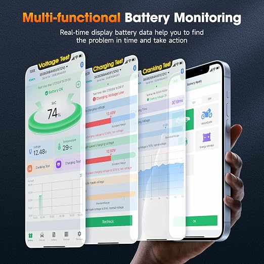 ANCEL BM300 Pro Battery Monitor - 6V/12V/24V Universal with Bluetooth 5.3 & Reinforced Design, Charging & Cranking Tests, Real-Time Alerts for Lead-Acid & Lithium Batteries in RV, Truck, Marine & More
