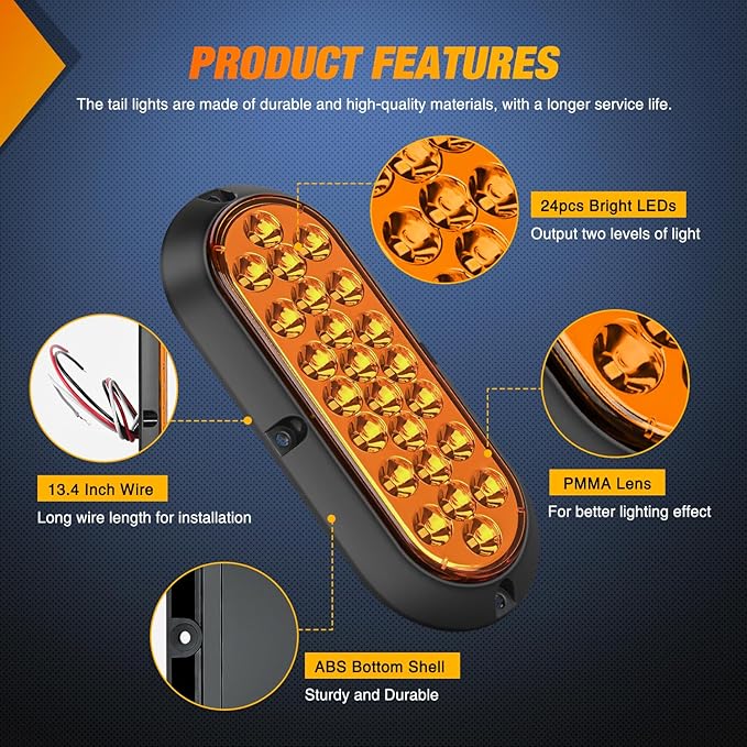 Nilight 6Inch Oval Tail Light 2PCS Amber 24LED Turn Signal Lights Surface Mount Sealed IP67 Waterproof for 12V Caravan Truck RV Camper Trailer Bus