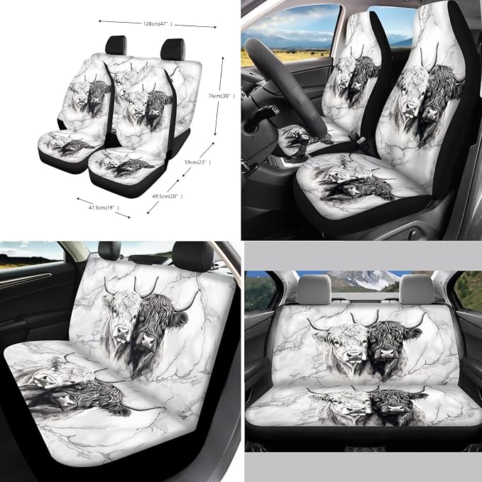Suobstales Highland Cattle Marble Print Car Accessories Seat Covers for Cars for Women Full Set with Steering Wheel Cover + Seat Belt Covers + Coasters + Keychains Interior Cover Set of 11