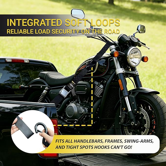Motorcycle Tie Down Straps - 3,000lb Break Strength, 1.5 in X 8FT Heavy-Duty Cambuckle Tie Down Set with S Hook and Soft Loops - Better Than a Ratchet Strap Black