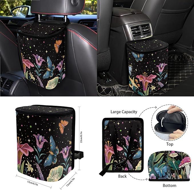 Butterfly Mushroom Floral Print 15Pcs Car Seat Cover Full Set Car Steering Wheel Cover Seat Belt Cover Trash Bin Air Vent Storage Box Front Rear View Mirror Car Cup Holder Keychain