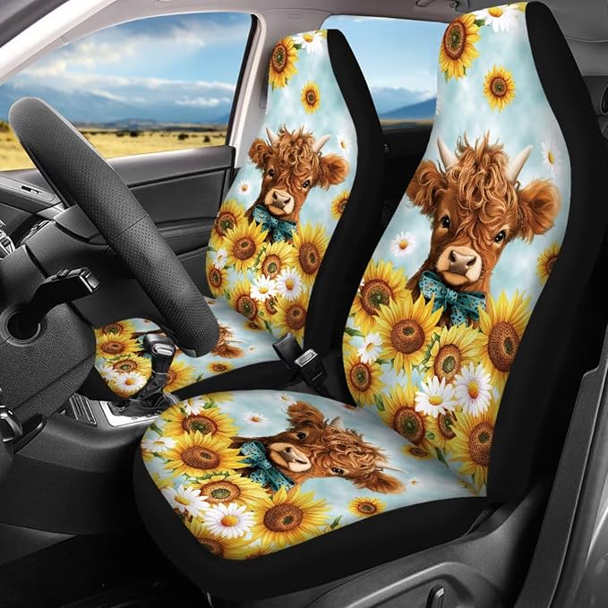 Highland Cow Car Seat Covers Full Sets 17 Pack Sunflower Car Accessories Set with Auto Front Rear Foot Carpet,Sunflower Seat Belt Shoulder Pad,Steering Wheel Covers,Cup Mats,Universal Fit